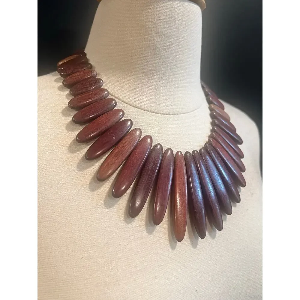 Vintage Style Wood Statement Necklace Burgundy Plum Graduated Fringe Bib Boho